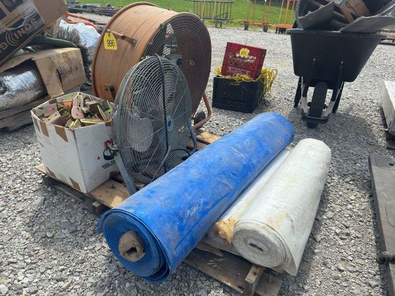 Fans, Rolls Of Plastic, (2) Poly Tarps, Box Of E-Track Wood Holder.