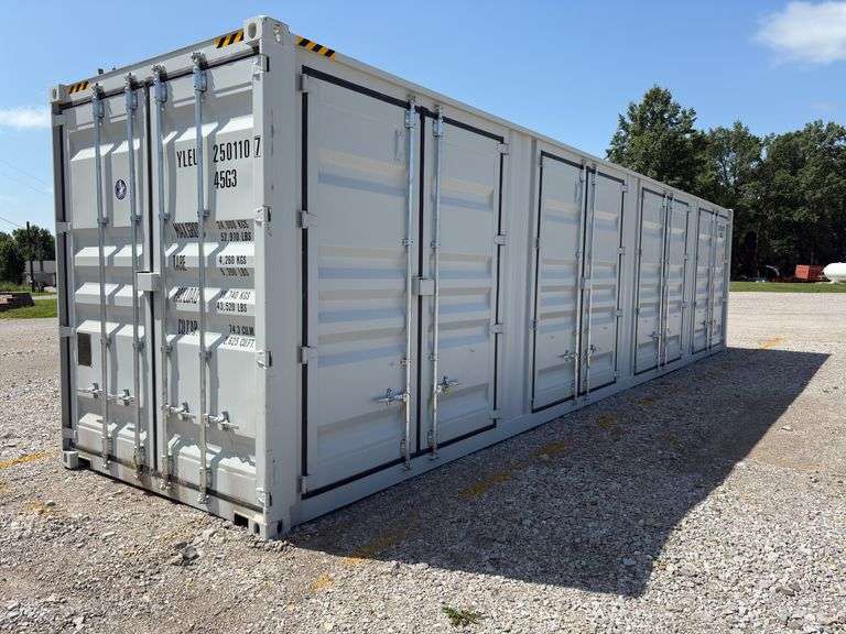 40’MMS 4 Side Doors and 1 Back Door Container, 40' long x 8' wide,
1 ea. Back Doors measures 102" tall X 92" wide,
4 ea. Side Doors  measures  98" tall X 92" wide,
inside dimension 89” wide,
Tie down anchors on inside of container,
Minor floor scratches on inside, minor wall scratches and dents, 
All doors have weatherstripping, 
1 time use,
Has vents on side walls, 
Container # YLEU 250110  7, left side wall is dented,