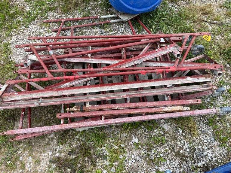 1.5 Set of Red Scaffolding, 6’ Tall x 29” Wide, 3 Cross Braces with more Braces