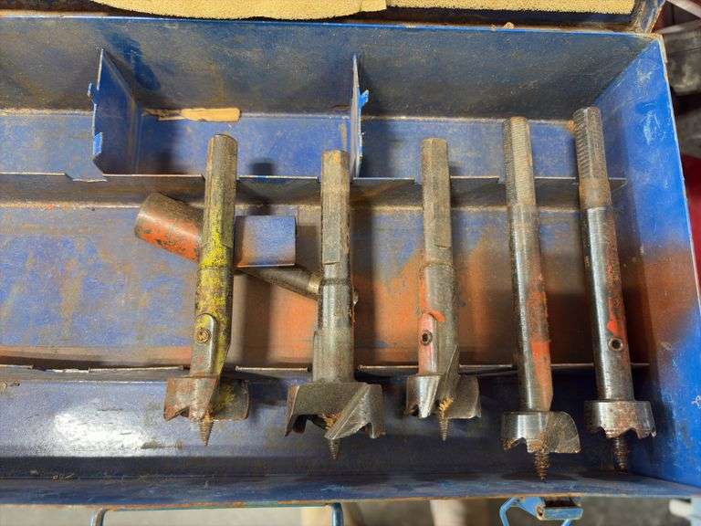 (5) Bicycle Tire Air Pumps, (5) wood boring Bits, sizes 1 1/8’’,1’’, 1 1/4’’, 1 1/2’’,