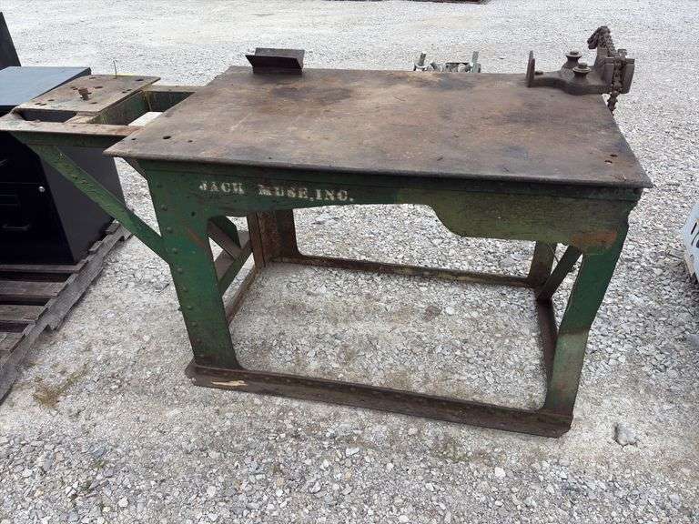 Steel Welding Table, 35” wide x 73” long x 341/2” tall, chain vise missing handle, heavy duty table,