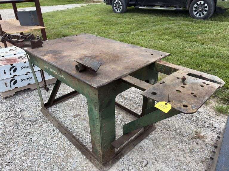 Steel Welding Table, 35” wide x 73” long x 341/2” tall, chain vise missing handle, heavy duty table,