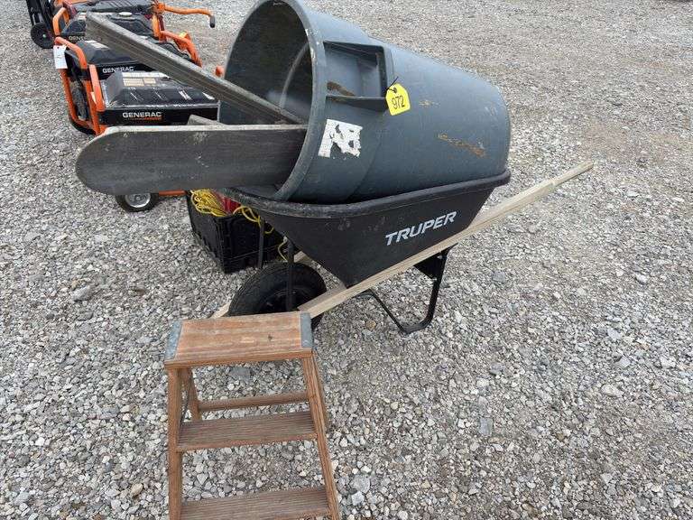 Truper Plastic Wheelbarrow like new; 30 gal trash can ; 3’ wooden step ladder; (2) bullfloats 4’ wide; (1) Bullfloat 3’ wide;