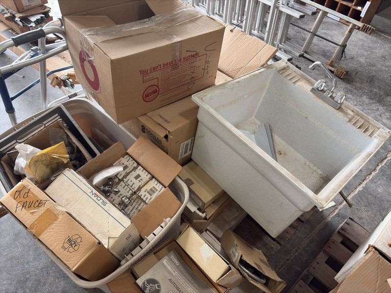 Goulds Water Technology Sink Drain System 12 max amps 1 phase  60hz 115 volts Sump, Effluent and Sewage; Plastic Slop Sink w/legs; handicap walker; plastic tote of various faucets; pvc floor drains;