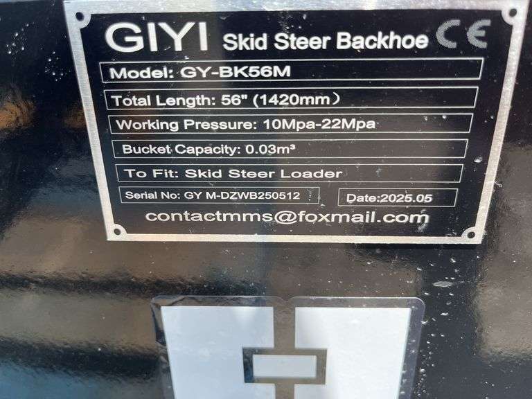 Unused MMS GIYI Skid Steer Backhoe, Model GY-BK56M, 3 Replaceable Teeth, 43” Arm, 15” Bucket