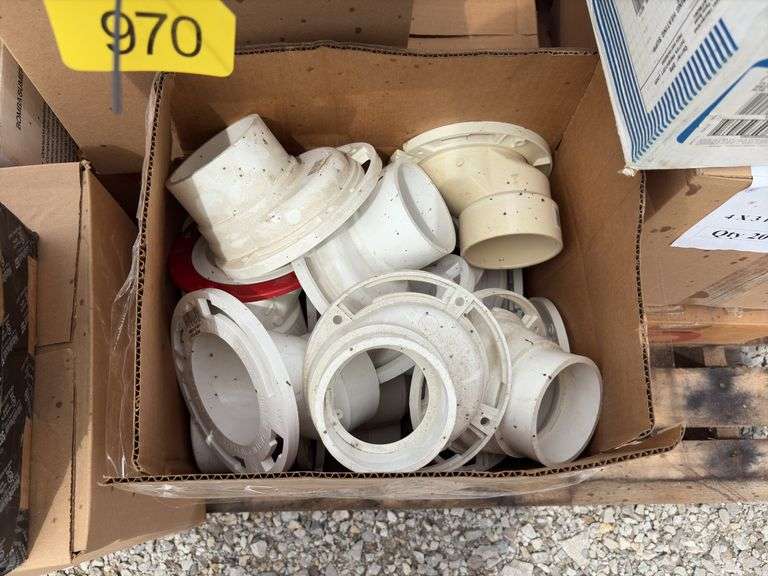 (13) boxes of reg stool flanges and offset stool flanges, box of various pipe clamps