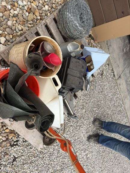 (3) Drywall Hoppers, Vinyl Tile Cutter, roll of barb wire, bucket of funnels, black nylon gunny sacks,