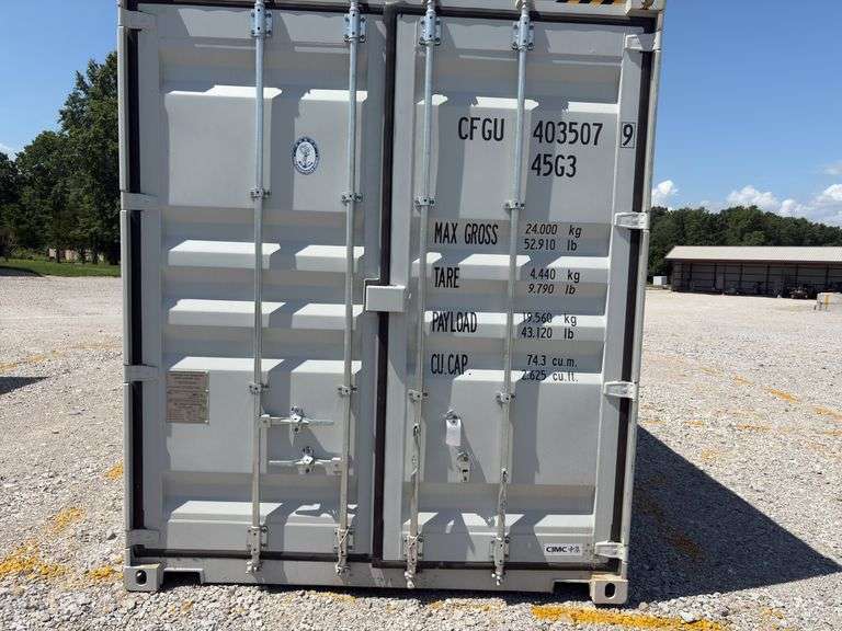 40’ AGT 4 Side Doors and 1 Back Door Container, 40' long x 8' wide,
1 ea. Back Doors measures 102" tall X 92" wide,
4 ea. Side Doors  measures  98" tall X 92" wide,
inside dimension 89” wide,
Tie down anchors on inside of container,
Minor floor scratches on inside, minor damage on left side at bottom at rear of container,
All doors have weatherstripping, 
1 time use,
Has vents on side walls, 
Container # CFGU403507  9