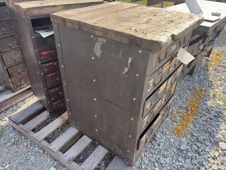 (2) Small Workbench w/2x lumber top,  1 size is 25” wide x 27 1/2” deep X 35 1/2’’tall, other size is 25” wide x 18” deep x 35 1/2” tall, both have steel drawers, steel framing,