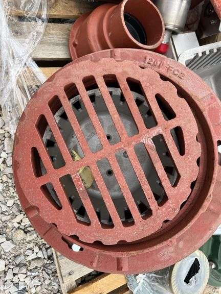 Pallet of Floor Drains, Round and Square, Plastic, Aluminum, Metal