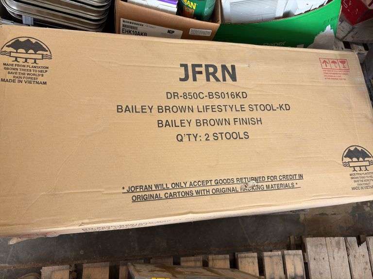 Pallet of Pipe hangers various sizes, Uline digital scale model H-1649, louvers and grills, spray paints, spray cleaners, extension cords and three ways, (9) paint roller pans, (4) Bailey Brown Lifestyle Stool-KD model DR-850c-BS016KD,