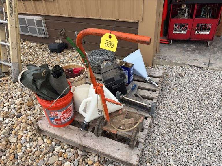 (3) Drywall Hoppers, Vinyl Tile Cutter, roll of barb wire, bucket of funnels, black nylon gunny sacks,