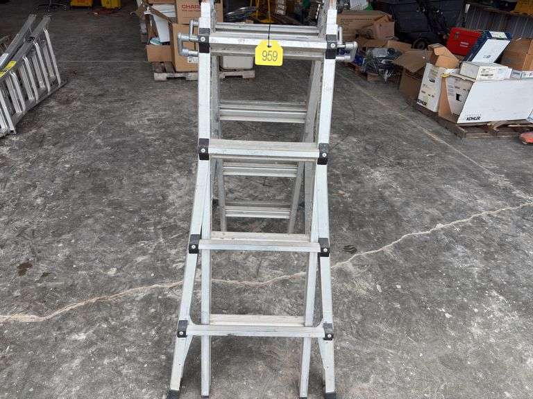 Vulcan Ladder, Adjustable Legs 4’ to 8’ step ladder or 8’ to 17’ extension ladder, 1 catch for folding ladder does not work, so it can be used as step ladder only, 350 lb capacity, steps and rails are in good condition,