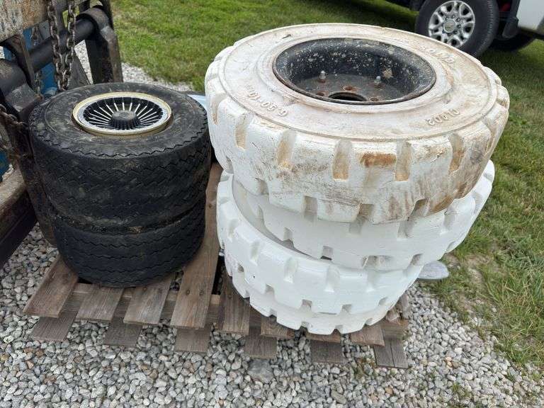 Various Tires, Solid And Pneumatic, (4) 6.50 -106.50-10 Solid (No Rim), 4.80-12 W/Rim, 18X 8.5 Golf Cart Tires.