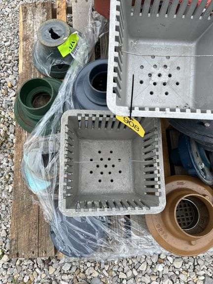 Pallet of Floor Drains, Round and Square, Plastic, Aluminum, Metal