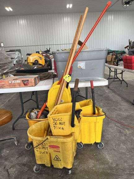 (3) Mop Buckets on wheels, (2) mops, Additional Mop Handle And Bucket