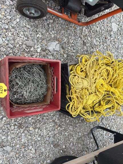 Dog Chain unknown length , Plastic Tote of 3/8” nylon rope qty & length unknown,