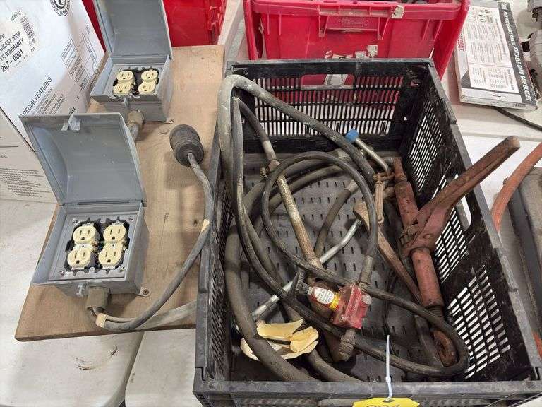 Electrical with 2 quad receptacle boxes with receptacles, Propane Flame Torch, (2) chain Binders, misc hydraulic hose,