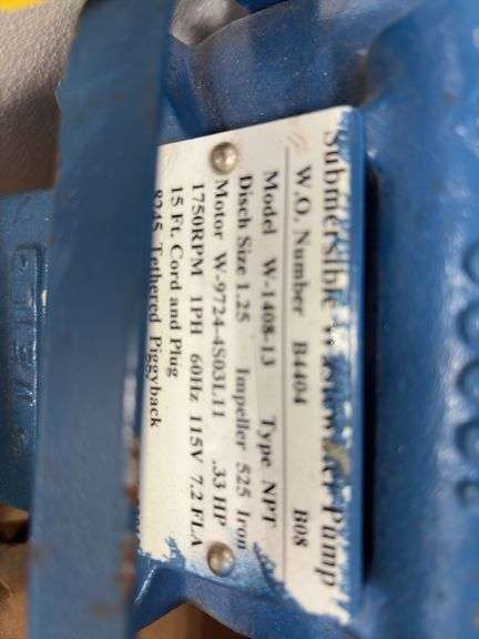 Weil Submersible Pump, 1 1/4” discharge, .33hp, 15’ electric cord, 115 volt, single phase, Unused in Original Box