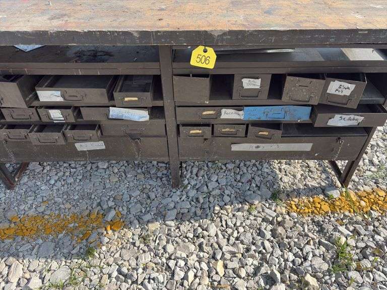 (2) Workbenches w/ 2x wood tops, measure 6’ long X 25 1/2” wide X 36” tall, sliding steel drawers, cabinet is made of steel,