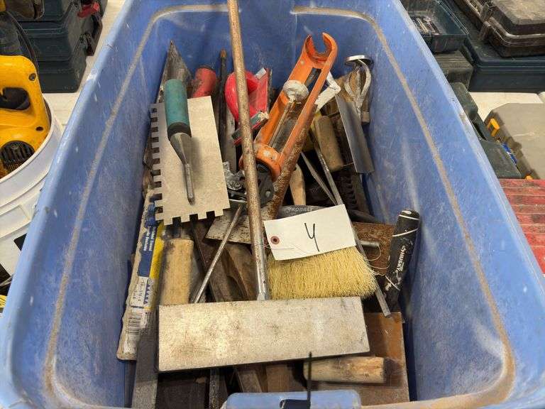 Tote of Concrete Trowels, drywall tools, tile trowels, mixer paddles, pick up magnet, whitewash brushes,