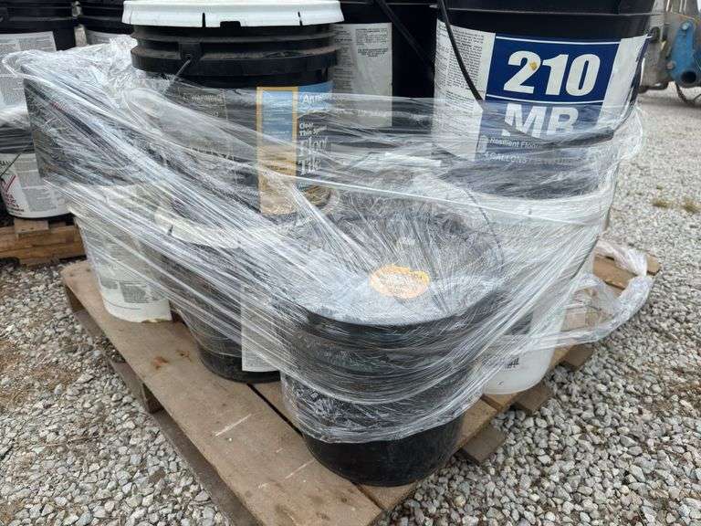 5 Gallon Buckets of Adhesive, (13) Buckets Of Floor Adhesive, One 6X8” Cove Base Floor Tile (24 Pieces, (2) Boxes 8X8” Ceramic Tile,  One  Box Non Sanded Grout , One Box Of Ceramic Tile