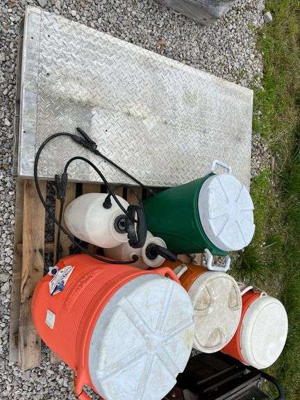 (3) 5 Gallon Drinking Cooler, 10 Gallon Drinking Cooler, 2 Drawer Tool Box Measures 50” Long x 24” Wide x 6” Tall, 1 Gallon Sprayer and 2 Gallon Sprayer