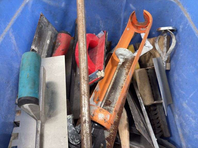Tote of Concrete Trowels, drywall tools, tile trowels, mixer paddles, pick up magnet, whitewash brushes,