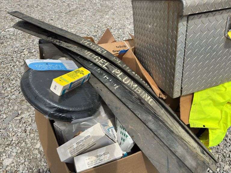 Pallet Of Plumbing Supplies, Toilet Seat , Ice Maker Water Filters, Water Shut Off Valves, 3” PVC Floor Drains, Rain Suits, Aluminum Under Bed Tool Box 18”X 20”X24” And More.
