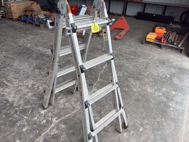 Vulcan Ladder, Adjustable Legs 4’ to 8’ step ladder or 8’ to 17’ extension ladder, 1 catch for folding ladder does not work, so it can be used as step ladder only, 350 lb capacity, steps and rails are in good condition,