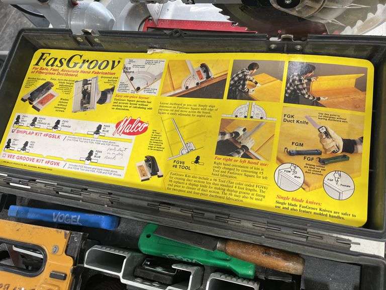 Malco Duct Board System,  (6) Tools With 3 Knives, Used to Make Fiberglass Duct Board,  Makes “V” Groves, ShipLap, and Square, Comes In Organized Tool Box