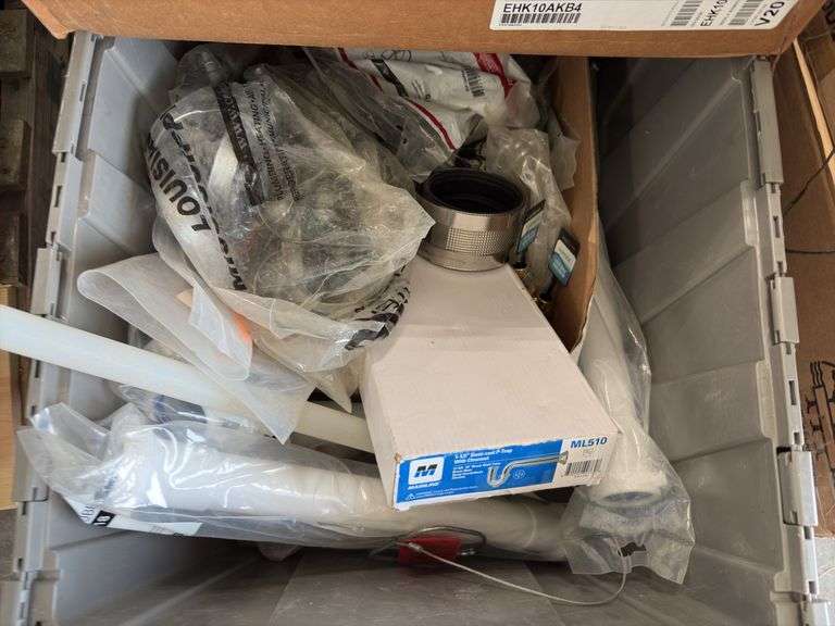 Pallet of Pipe hangers various sizes, Uline digital scale model H-1649, louvers and grills, spray paints, spray cleaners, extension cords and three ways, (9) paint roller pans, (4) Bailey Brown Lifestyle Stool-KD model DR-850c-BS016KD,