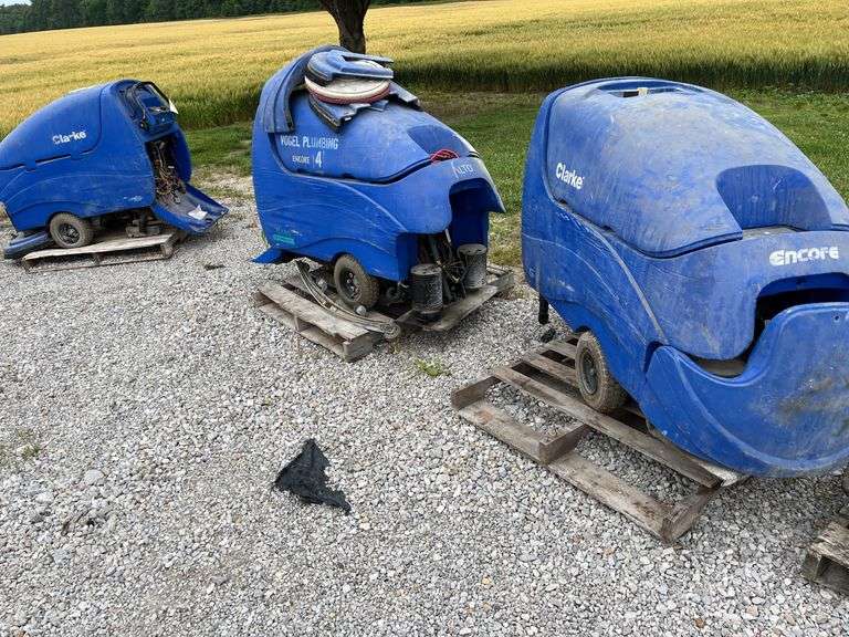 (3) Clarke Floor Scrubbers, Encore S Class, All 3 Appear to Be Parts or Projects, Comes With 2 Chargers, No Batteries in Any Scrubbers, Not All Parts Are Included