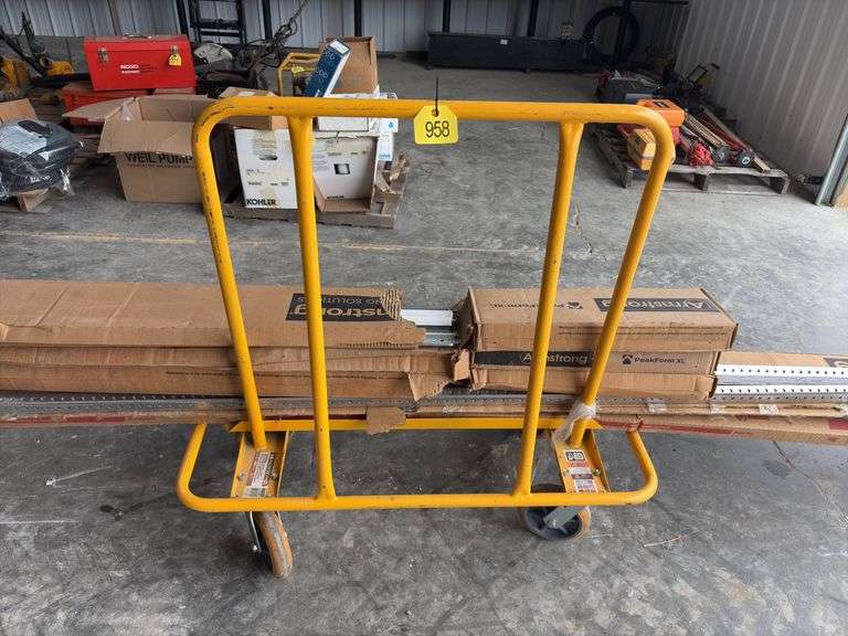 Drywall Cart, Armstrong Drop Ceiling Grid, (2) partial boxes of 12’ main grid, (3) boxes of 2 Tees, 1 1/2 boxes of 4’ tees, white, (12) 2”x2”x10’ galvanized angle