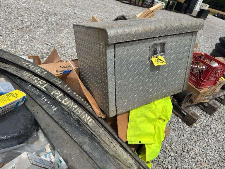 Pallet Of Plumbing Supplies, Toilet Seat , Ice Maker Water Filters, Water Shut Off Valves, 3” PVC Floor Drains, Rain Suits, Aluminum Under Bed Tool Box 18”X 20”X24” And More.