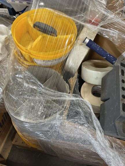 Several Bucket Stacker Organizers, Box of Sandpaper 9”x11” Sheets, Unused Paint Brushes, Drywall Tape, Used Paint Rollers, Rubber Mallet And More