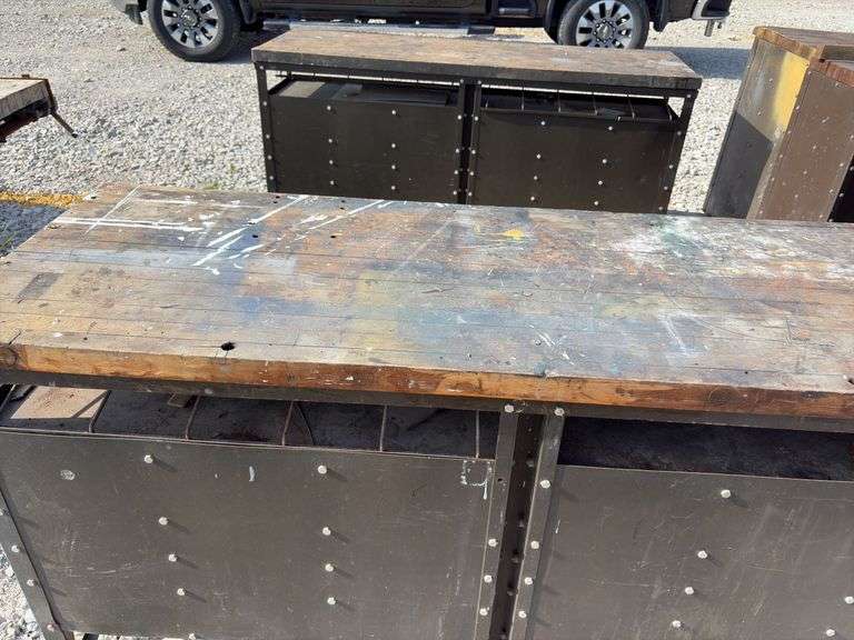 (2) Workbenches w/ 2x wood tops, measure 6’ long X 25 1/2” wide X 36” tall, sliding steel drawers, cabinet is made of steel,