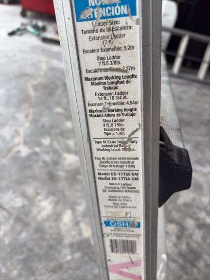 Vulcan Ladder, Adjustable Legs 4’ to 8’ step ladder or 8’ to 17’ extension ladder, 1 catch for folding ladder does not work, so it can be used as step ladder only, 350 lb capacity, steps and rails are in good condition,