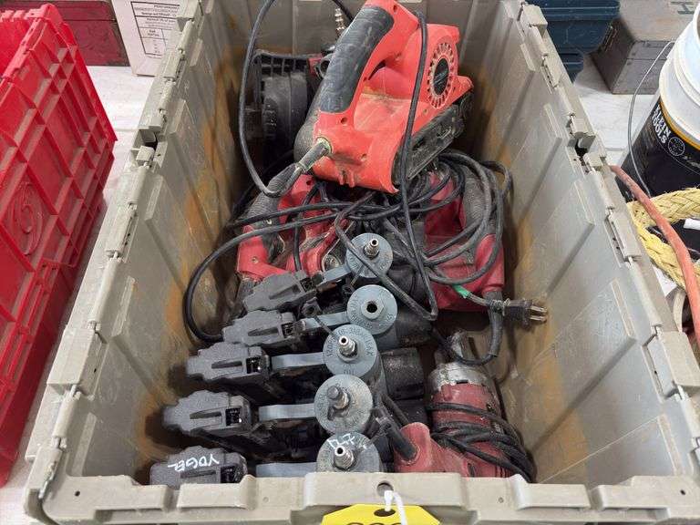 Toolshop 1 3/4” Coil roofing Nailer air operated; (5) 18 gauge Performax Nailer/stapler air operated; Electric Tool Shop Metal Shear runs; (2) Electric Skil 3”x18” Belt Sanders, runs; ToolShop Electric 3”x18” Belt sander, runs; tow strap, extension cord,