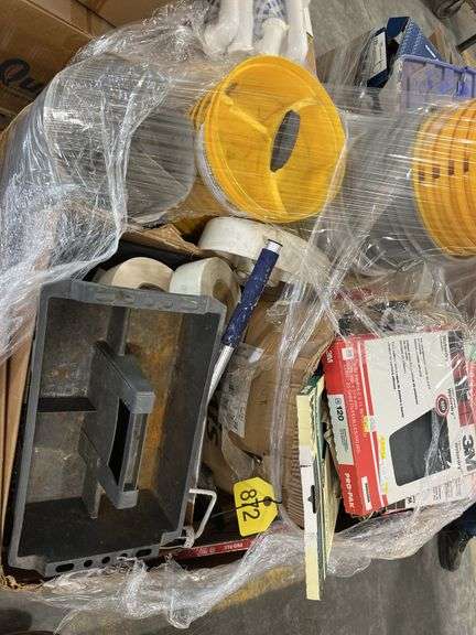 Several Bucket Stacker Organizers, Box of Sandpaper 9”x11” Sheets, Unused Paint Brushes, Drywall Tape, Used Paint Rollers, Rubber Mallet And More
