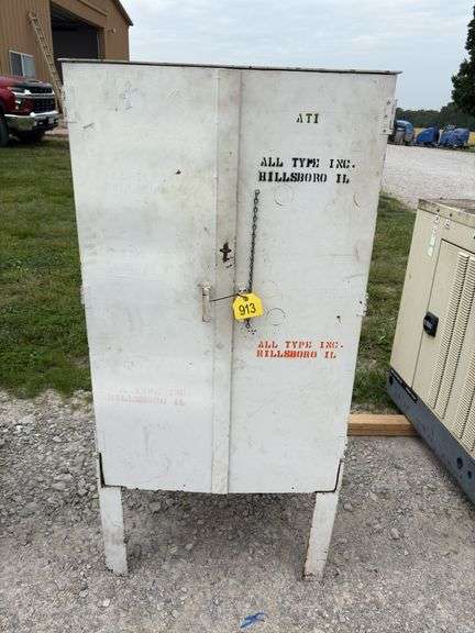 Metal Storage Cabinet 31” wide x 24” deep x 64” high, with 2 doors on cabinet, inside of cabinet has grease, transmission fluid, battery cleaner,  multi purpose lubricate, carburetor cleaner, house and siding cleaner, bag of rags, oil filters,
