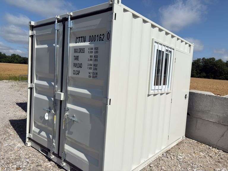 MMS 10’- 3 1 /y2”container, measures 10’-3 1/2”long x 7’-3 1/2” wide x 8’-3” tall, swinging rear doors, Side walk door, sliding window, keyed lock on walk door, wood floor, container # CTTN 000162, scratches on wood floor,