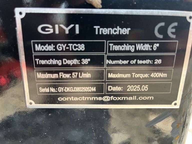 Unused GIYI Skid Steer Trencher, Model GY-TC-38, Trenching Depth 38”, Trenching Width 6”, 28 Teeth, Max Flow 57L/min
