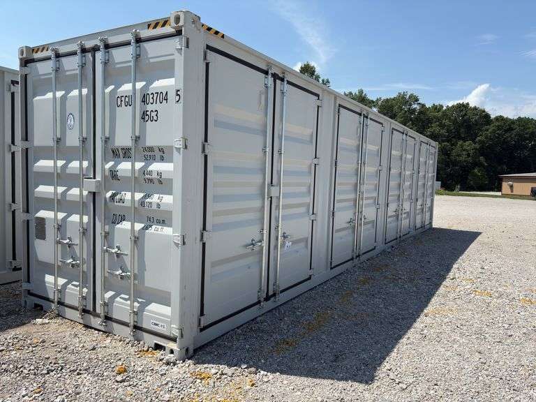 40’ AGT 4 Side Doors and 1 Back Door Container, 40' long x 8' wide,
1 ea. Back Doors measures 102" tall X 92" wide,
4 ea. Side Doors measures 98" tall X 92" wide,
inside dimension 89” wide,
Tie down anchors on inside of container,
Minor floor scratches on inside, minor damage on left side at bottom at rear of container,
All doors have weatherstripping,
1 time use,
Has vents on side walls, damage weatherstripping on front left door,
Container # CFGU403704 5