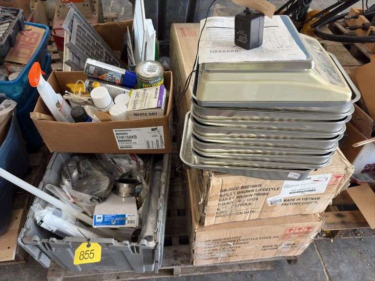 Pallet of Pipe hangers various sizes, Uline digital scale model H-1649, louvers and grills, spray paints, spray cleaners, extension cords and three ways, (9) paint roller pans, (4) Bailey Brown Lifestyle Stool-KD model DR-850c-BS016KD,