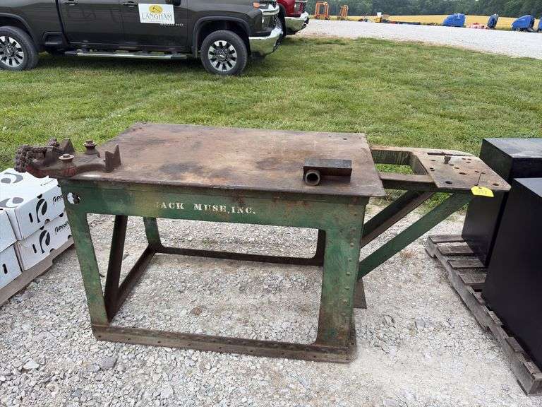 Steel Welding Table, 35” wide x 73” long x 341/2” tall, chain vise missing handle, heavy duty table,