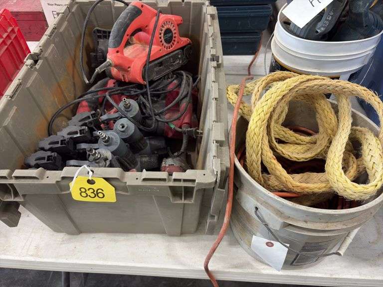Toolshop 1 3/4” Coil roofing Nailer air operated; (5) 18 gauge Performax Nailer/stapler air operated; Electric Tool Shop Metal Shear runs; (2) Electric Skil 3”x18” Belt Sanders, runs; ToolShop Electric 3”x18” Belt sander, runs; tow strap, extension cord,