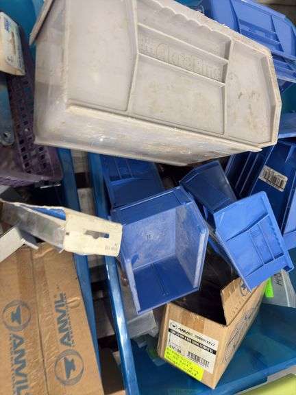 Pipe Hangers, various sizes, copper, galvanized, cast split ring hangers, plastic storage compartments, unistrut pipe clamps,