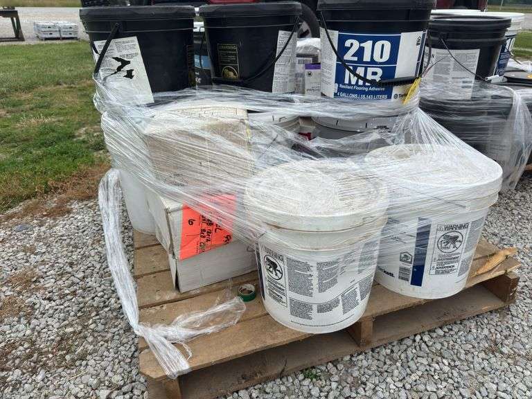 5 Gallon Buckets of Adhesive, (13) Buckets Of Floor Adhesive, One 6X8” Cove Base Floor Tile (24 Pieces, (2) Boxes 8X8” Ceramic Tile,  One  Box Non Sanded Grout , One Box Of Ceramic Tile