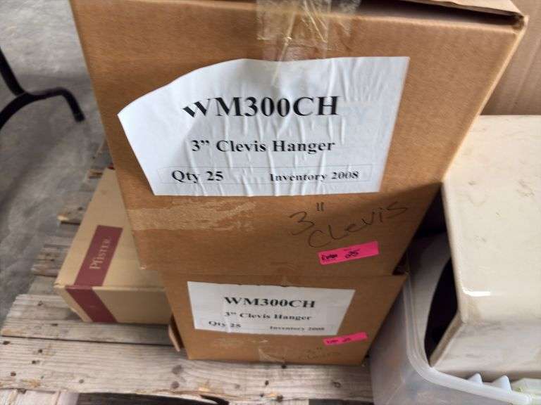 (4)Boxes of 3” Clevis Hangers approx 25 in a box, (2) Boxes of 1 1/2” Clevis Hangers approx 100 in a box, plastic tote of rubber witches hats pipe flashing for roof, plastic tote of a toilet tank,  slip joint connectors